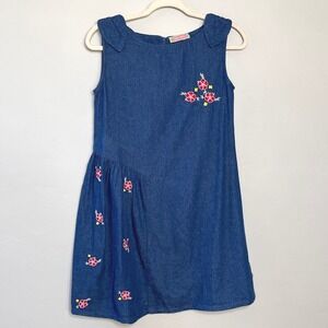 Sophie and Sam Girls Denim Dress Floral Embroidered Sleeveless Size 14Y Blue